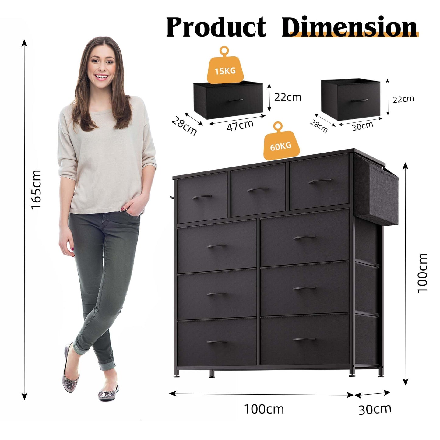 PURFINO Fabric Chest of Drawers - Canvas Storage Unit with 9 Drawers, Label Cards, Side Pocket & Hook for Living Room, Hallway, Bedroom