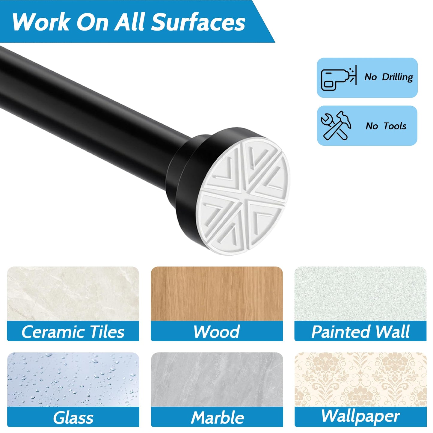 Shower Curtain Pole Extendable Tension Rods for Curtains Curtain Poles No Drilling Shower Curtain Rail Extendable Pole for Bathroom, Window, Door