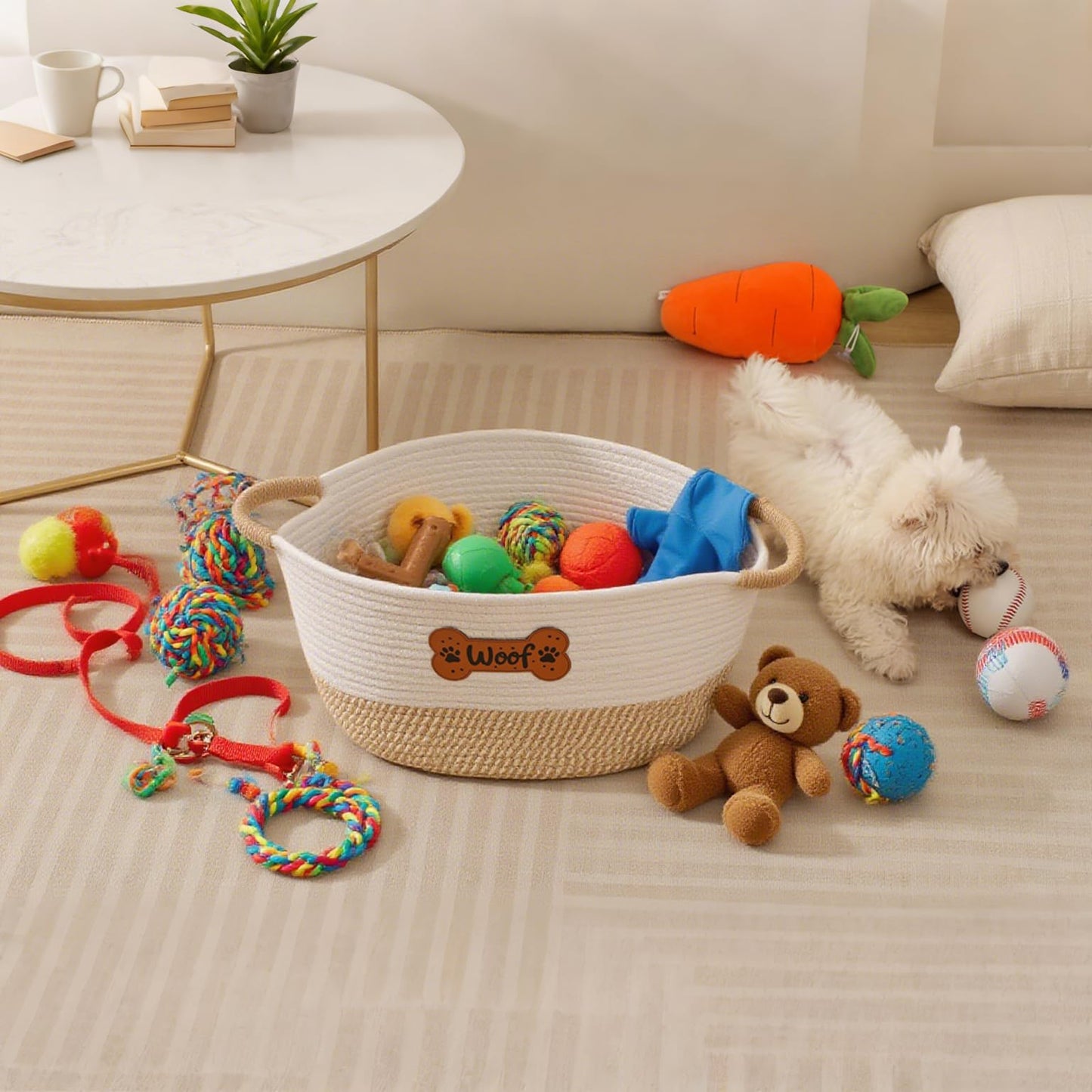 Dog Toy Basket, Dog Toy Box Organizer Baskets, Woven Cotton Rope Pet Puppy Dogs Toy Bin With Handle