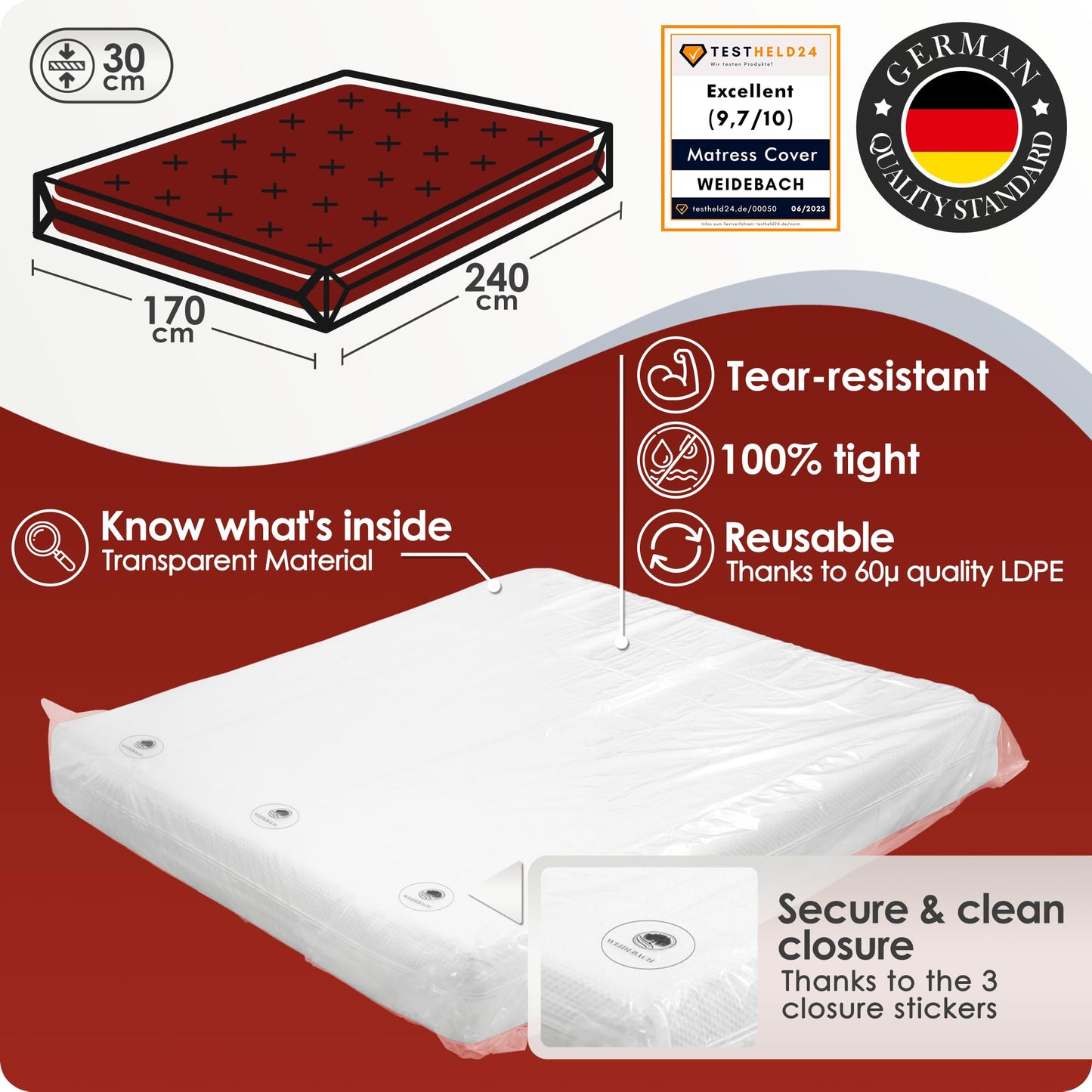 WEIDEBACH® Robust mattress cover, mattress bag for 160 x 200 cm Queen