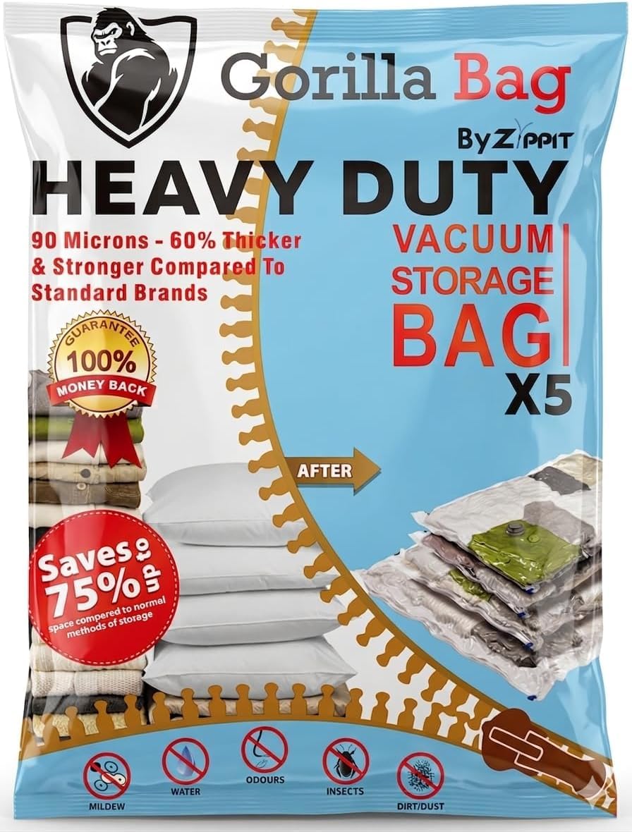 HEAVY DUTY 5 VACUUM STORAGE BAGS by Gorilla Bags, Extra Large 100x80cm. Extra Strong 90 Microns. Double Zip Seal & Unique Turbo Valve Keeps Items