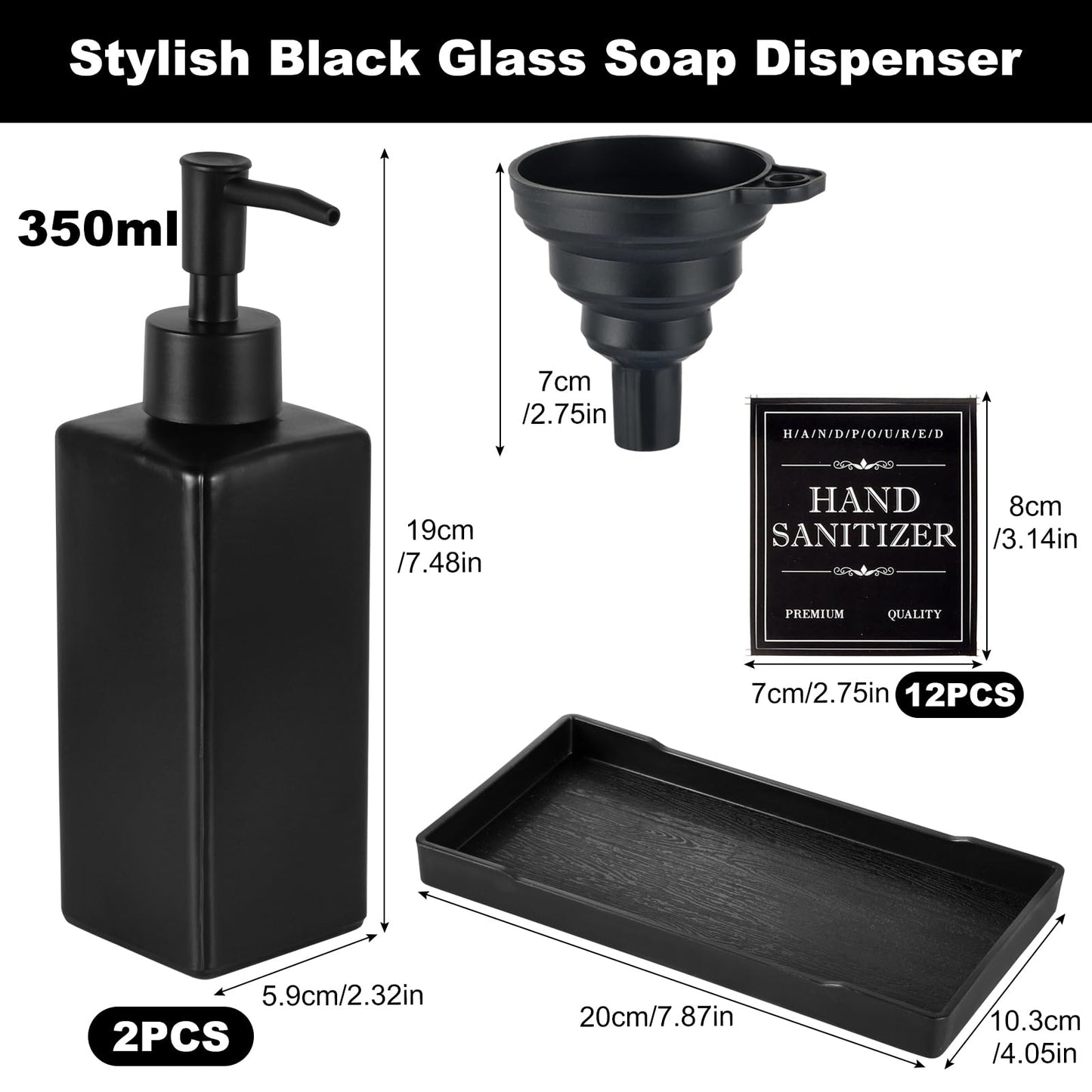 MirraSwit Black Glass Soap Dispenser with Tray, 350ML Square