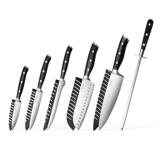 nuovva High Carbon Stainless Steel Kitchen Knife Set ? 6pcs Set Includes Chef, Santoku, Utility, Boning, Paring Knives & Knife Sharpener ?