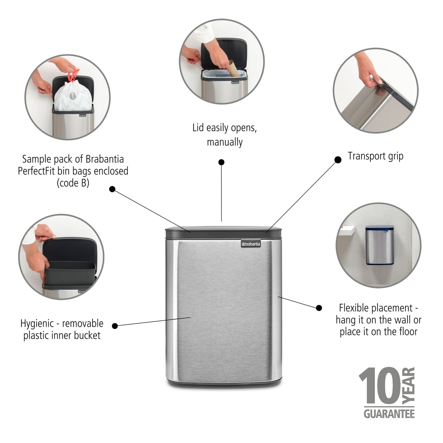 Brabantia - Bo Waste Bin 7L - Small & Stylish Rubbish Bin - Easy Open and Soft Closing Lid - Hygienic & Space Efficient - Wall Mountable