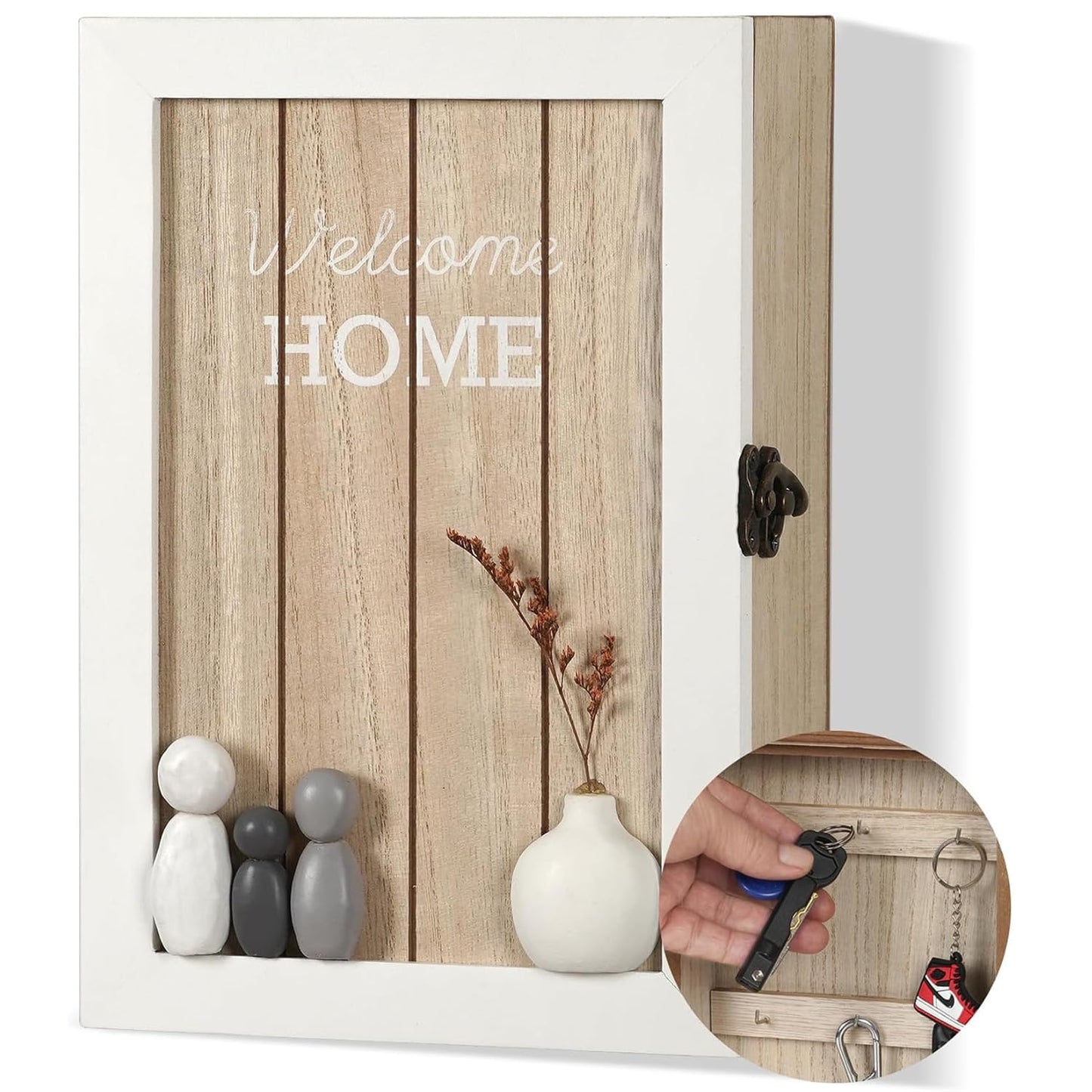 Optyuwah Wooden Key Cabinet with Dried Flowers Key Cabinet 6 Key Hooks Key Rack Wall Decoration L for Entrance, Hallway, Office Key Holder L White