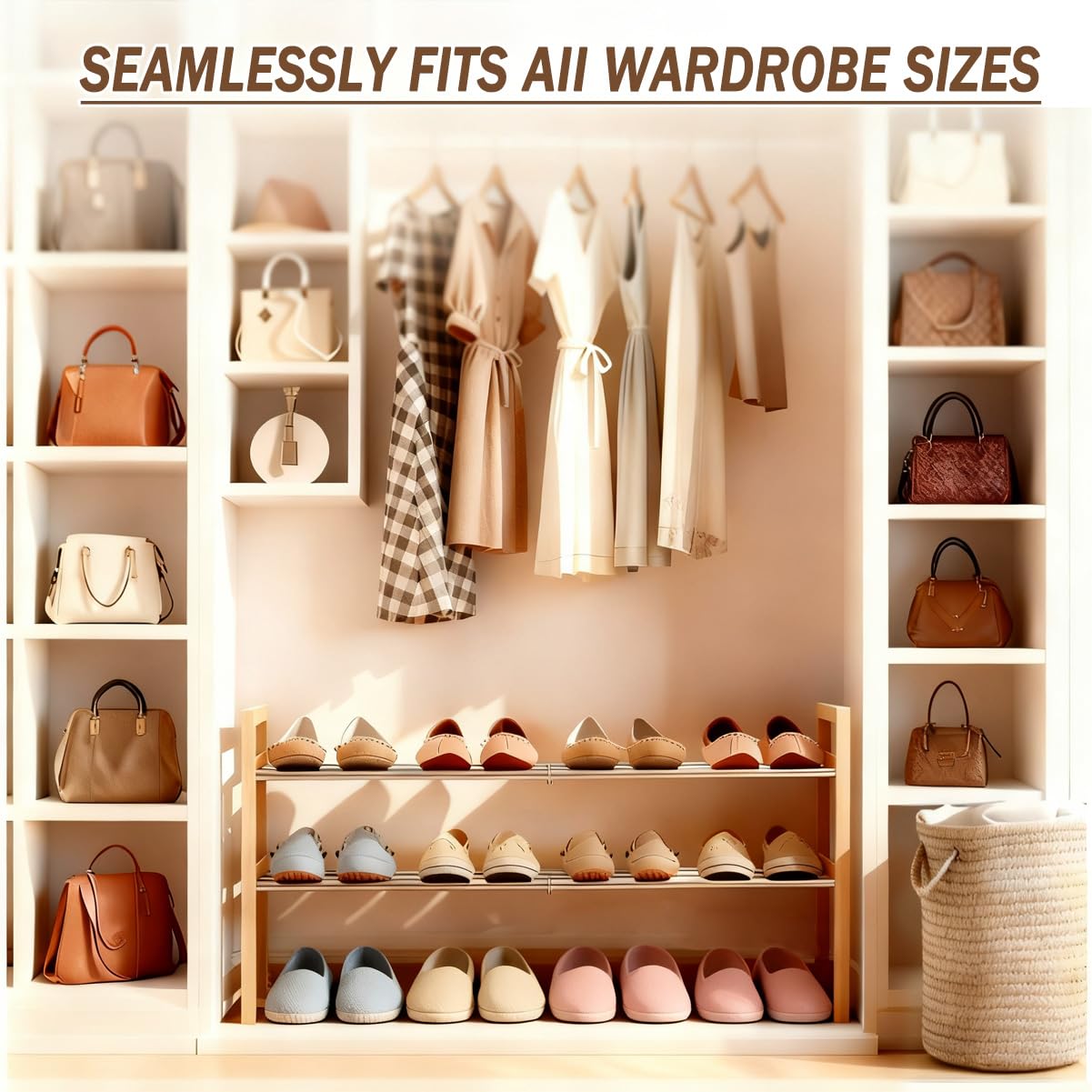 LEMIKKLE Shoe Rack Wooden, 2-Tier Oak Shoe Rack Expandable Stainless Steel Design, Ideal for Small Shoe Storage for Narrow Space
