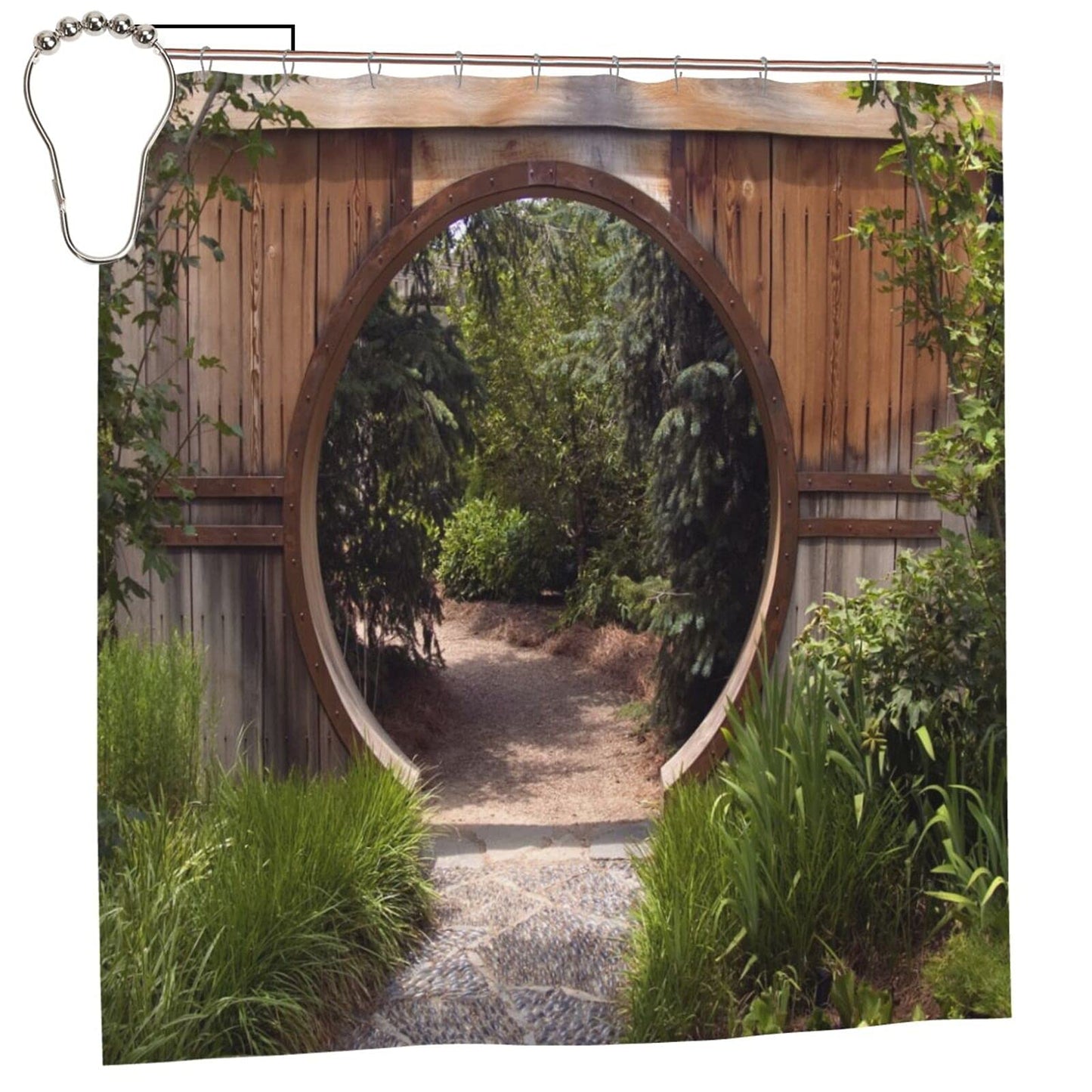Japanese Decor Garden Shower Curtain Outdoor 3D Picture Shower Curtain for Garden Fence Waterproof & Mould Resistant Design Bath Curtain Sets with 12