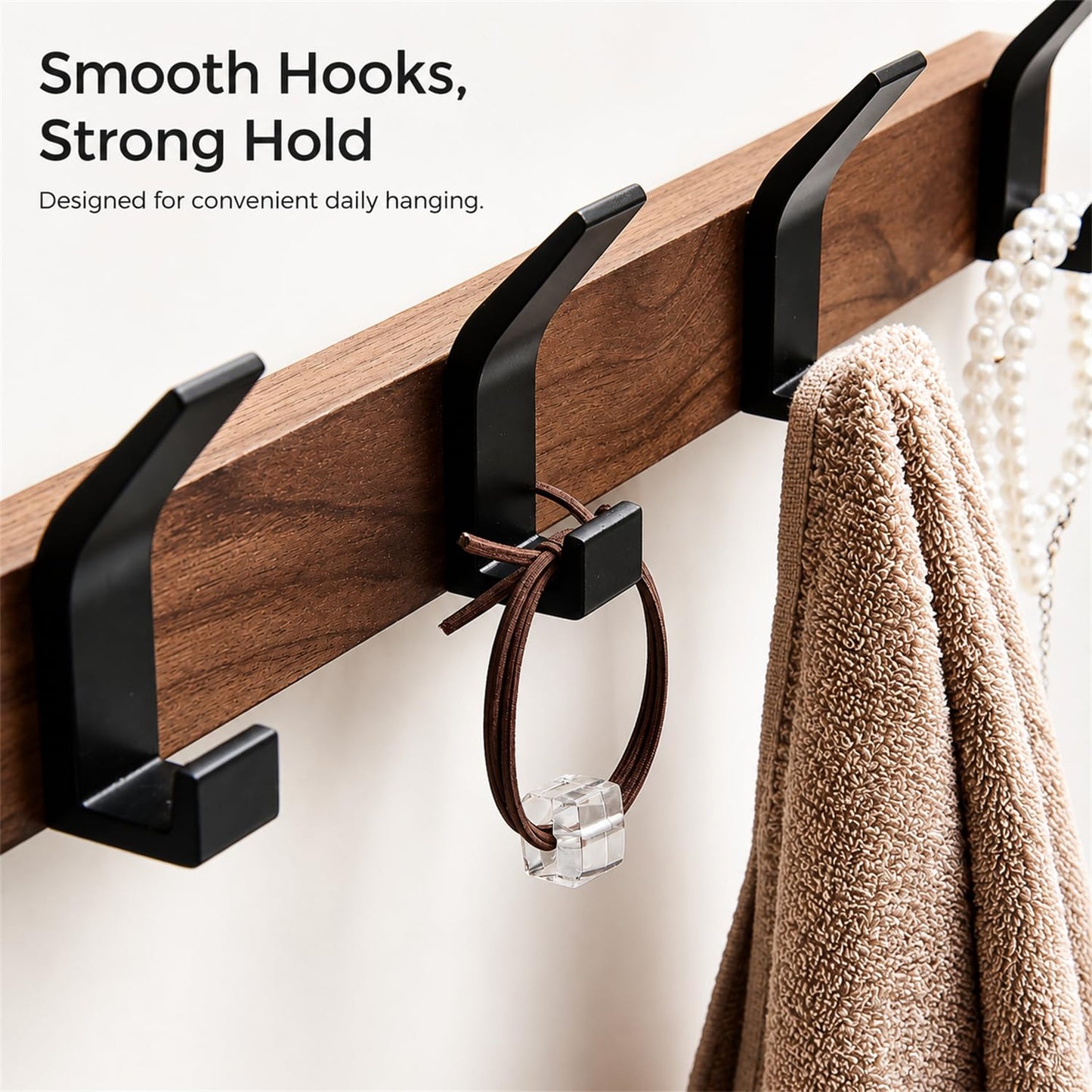 Trlyane Wooden Wall-Mounted Coat Rack - 4 Black Heavy-Duty Coat Hooks, 40cm