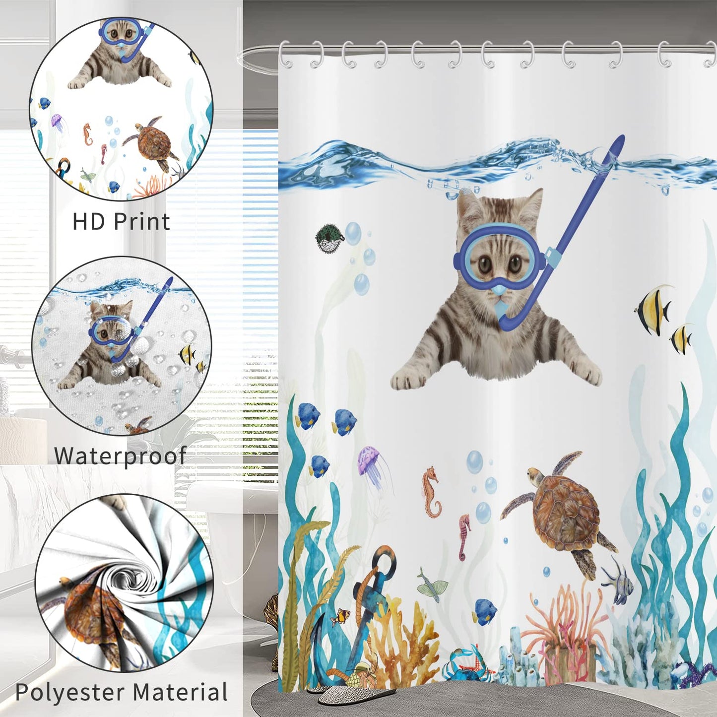 Hnmdmyi Funny Cat Shower Curtain 180x200, Cute Kitten Swimming in Teal Blue Ocean Bathroom Curtains Sea Turtle Tropical Fish Jellyfish Starfish Coral