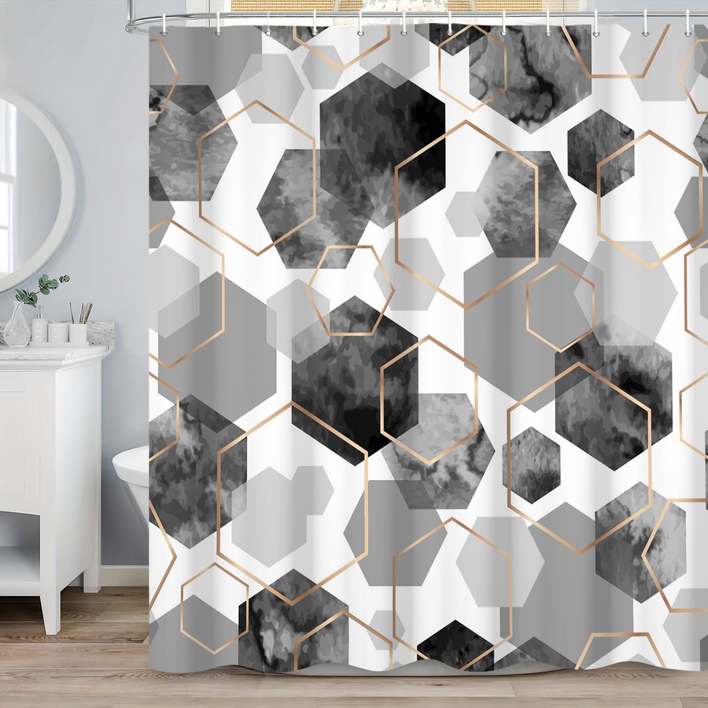 ASDCXZ Gray Duschvorhang 180x200 cm, Modern Abstract Art Geometric Gray Gold Hexagon Pattern Waterproof Bath Curtain Polyester Textile Washable