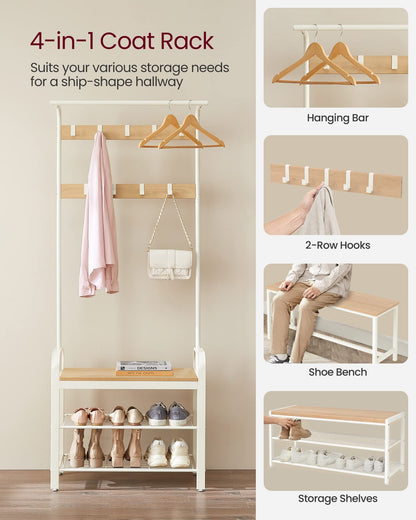 VASAGLE Coat Rack, Coat Stand with Shoe Storage Bench, 4-in-1 Design, with 9 Removable Hooks, a Clothes Rail, for Hallway, Entrance, 34 x 72 x 183 cm,