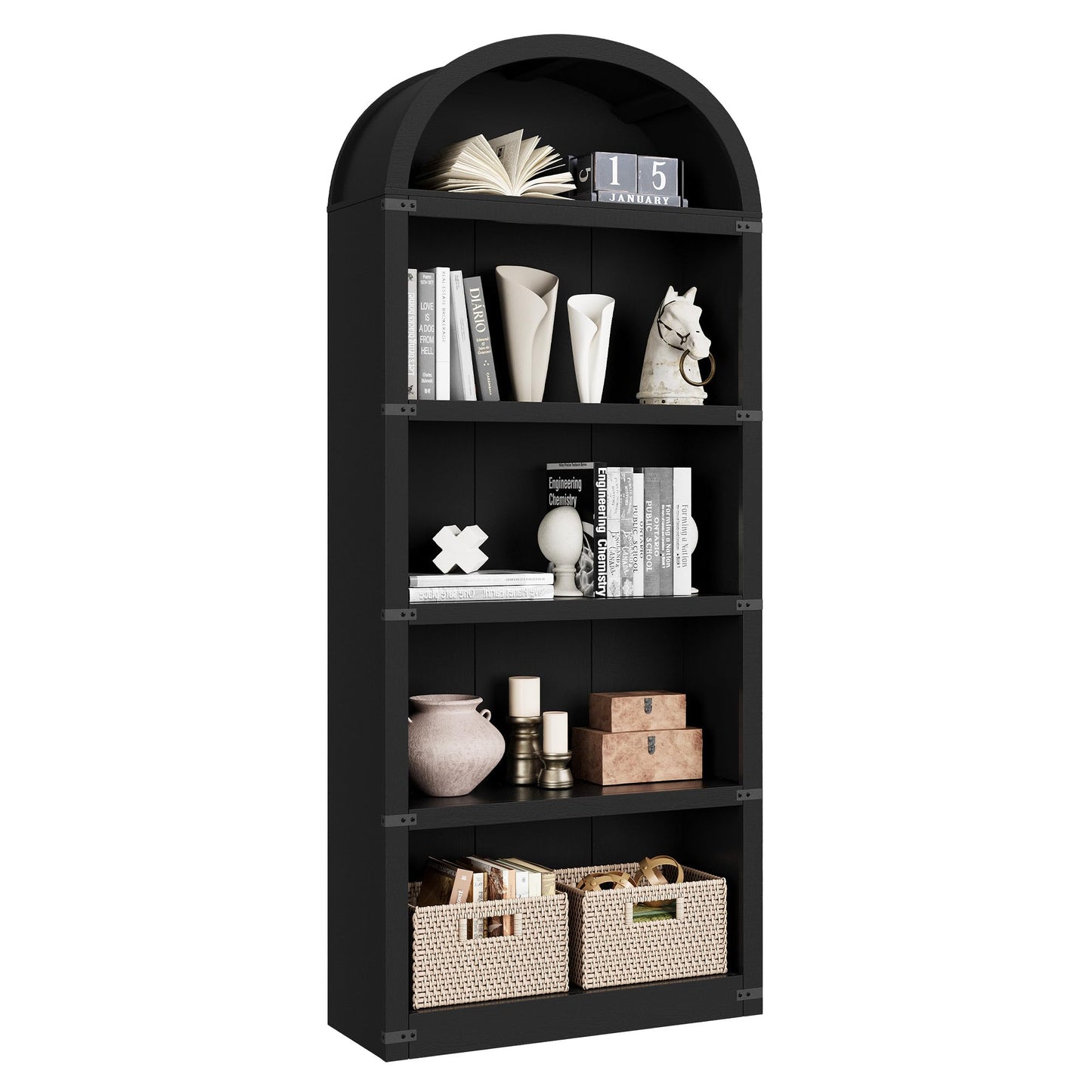 Lidzopas Arched 5-Tier Wooden Bookcase Cabinet with Doors for Office, Living Room, Bedroom, 71.65in Tall Farmhouse Bookshelf, Display & Storage Rack