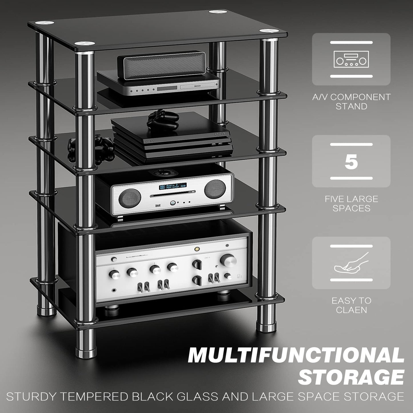 RFIVER HiFi Racks and Stands Audio Rack Cabinet AV Shelf TV Table Stand 5 Tiers Tempered Glass Shelves for Turntable Record Player DVD Stand Audio