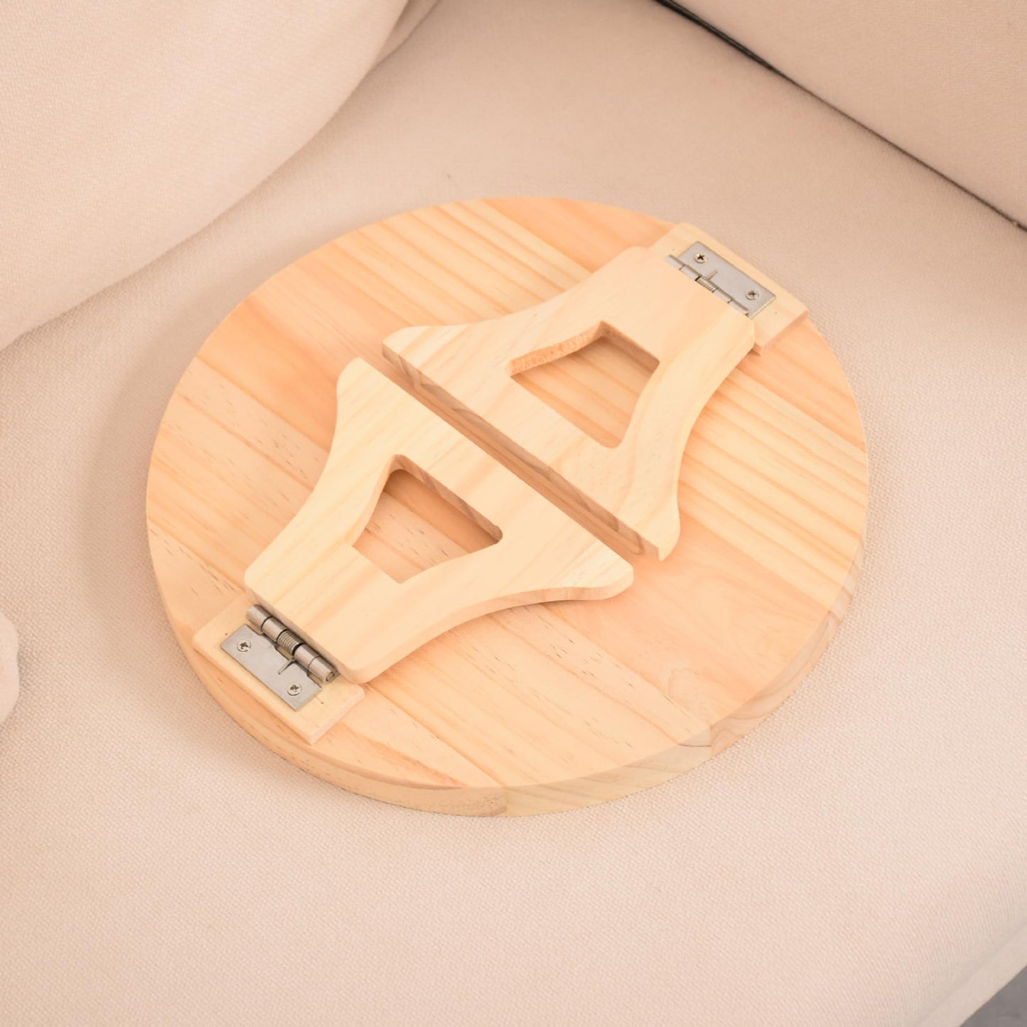 Uwenkjie Natural Pine Sofa Armrest Tray, 25cm Circular Wood Foldable Side Table with Clip, Portable Waterproof Arm Tray for Remote Control, Drink