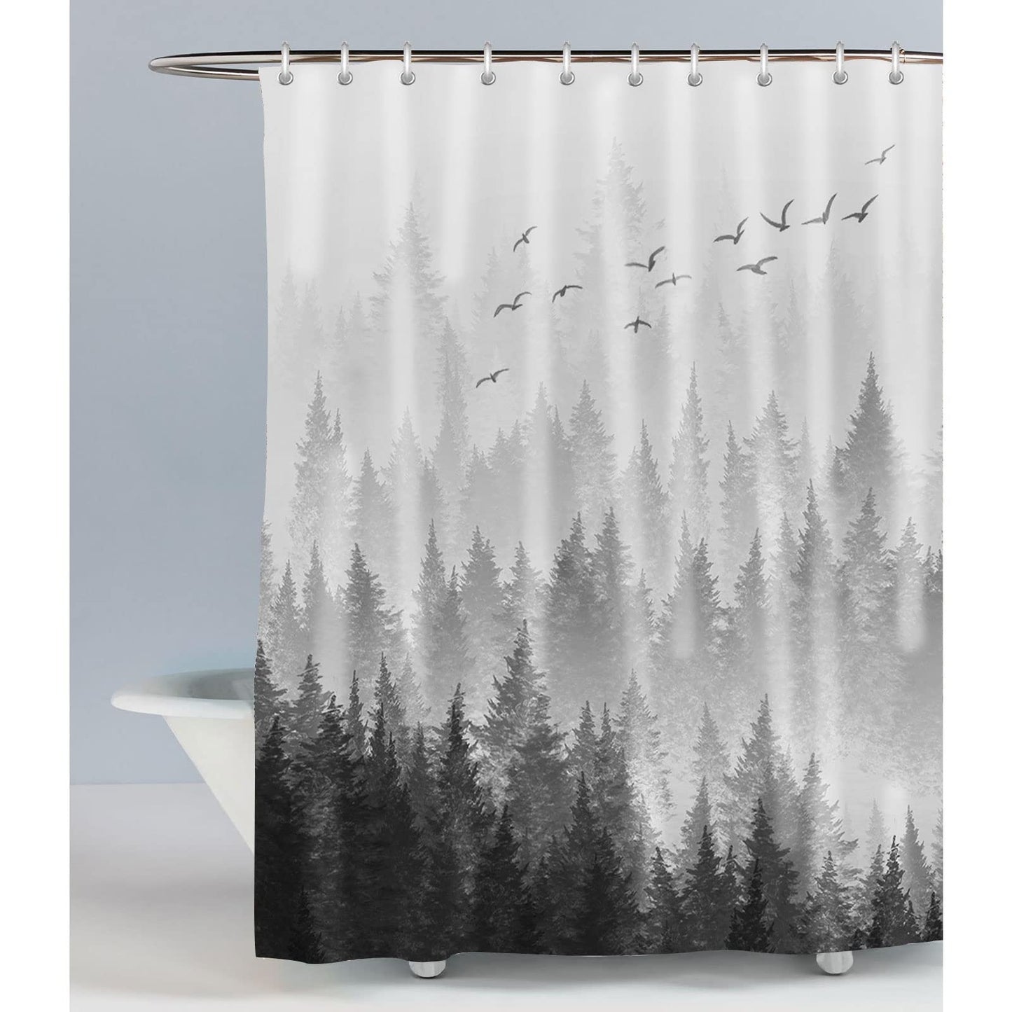 LIVETTY Shower Curtain Black and White Misty Forest Shower Curtains Plant Tree Nature Woodland Bathroom Curtain 72x72 inches(180x180cm) with 12 Hooks
