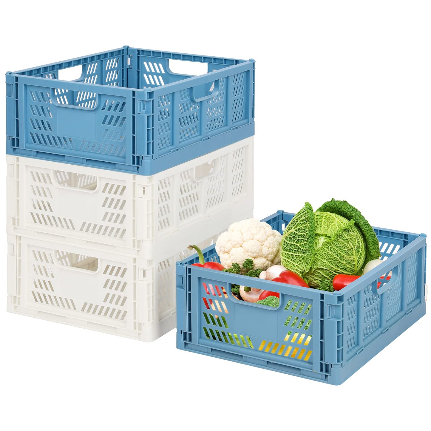 2 Blue 2 white Plastic Storage Basket Folding Storage Boxe Crate Drawer Organizer Stackable Shelf Basket Collapsible Closet Container Food Fruit