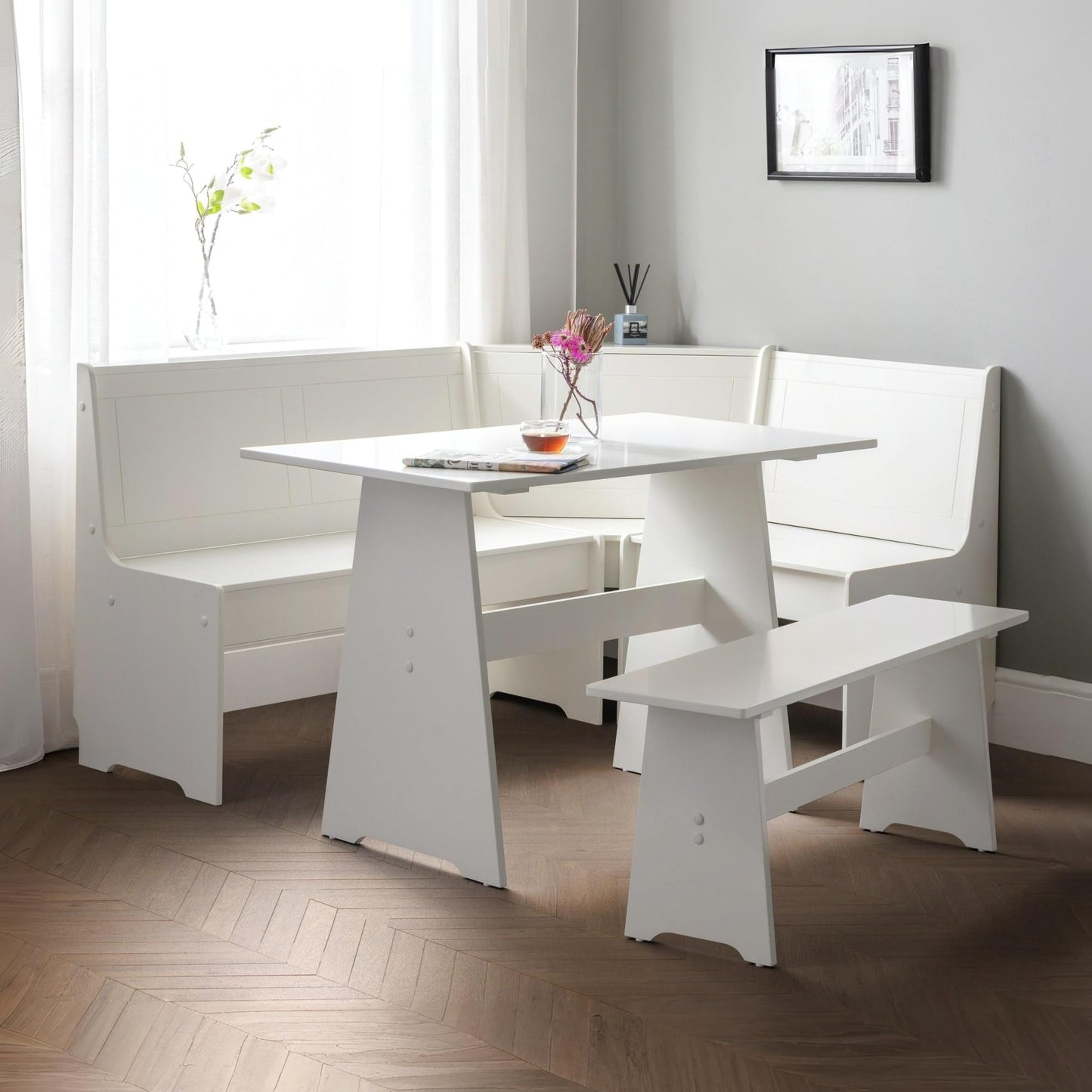 Julian Bowen Newport Corner Dining Set with Bench, White - W158 x D120cm