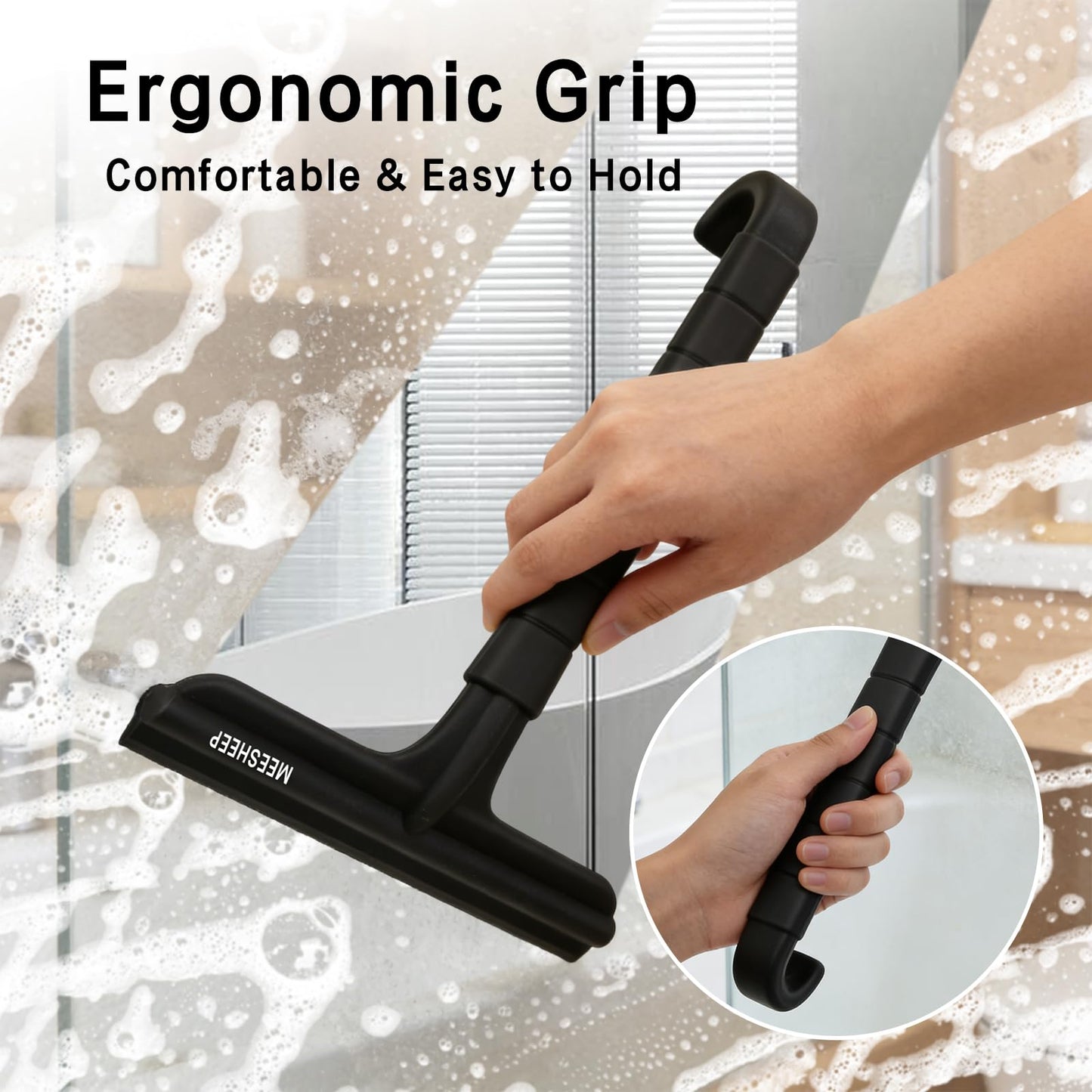 MEESHEEP Shower Squeegee Built-In Integrated Hook, 25 cm, Silicone, Black