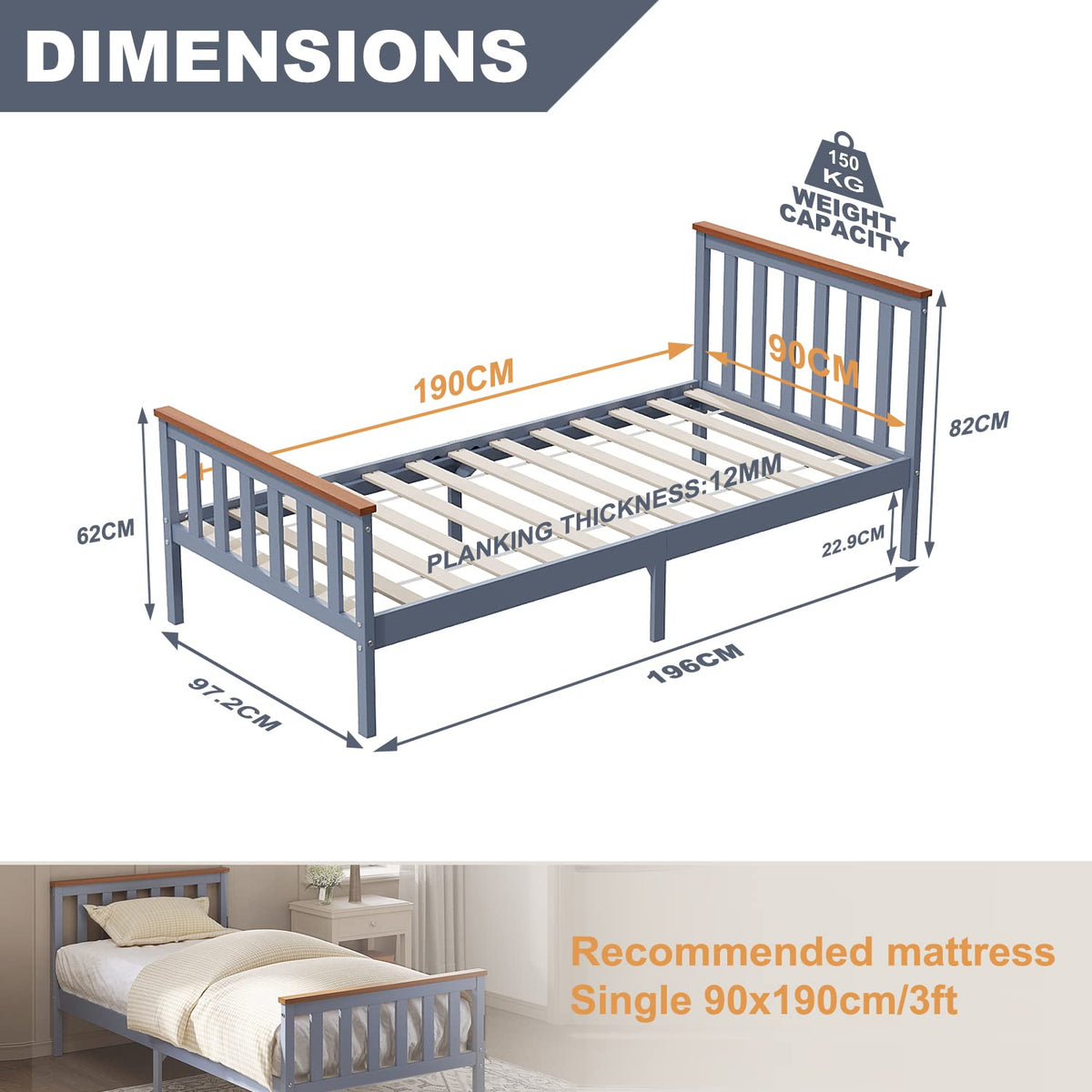 ELEGANT Single Solid Wood Bed Frame with Slatted Headboard 3ft, 90 x 190cm