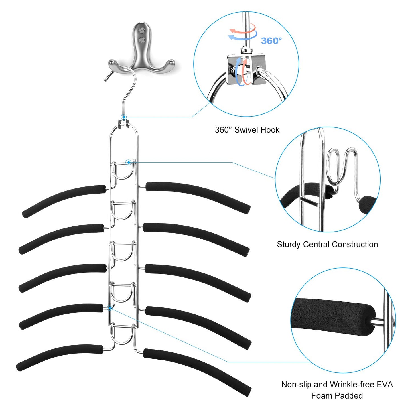 DOIOWN 2 PACK Multi Layers Clothes Hangers- 5 in 1 Anti-slip Coat Hangers Sponge Metal Wardrobe Storage Rack Space Saving Organizer for Jacket Coat