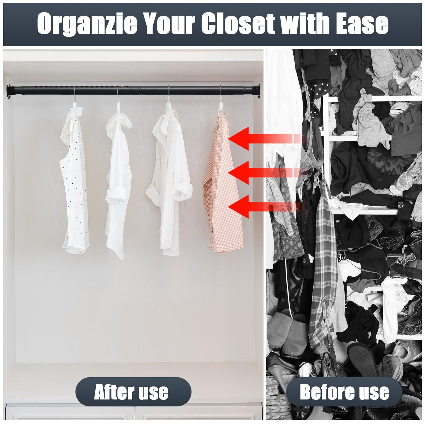 Closet Rods for Hanging Clothes, 40 to 212cm Adjustable Metal Closet Rod, Heavy Duty Extendable Wardrobe Rod