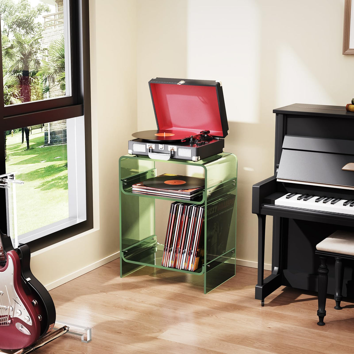 Acrylic Record Player Table with Storage Shelf, Clear Side Table, Nightstand Green, 45×30×58 cm, Acrylic