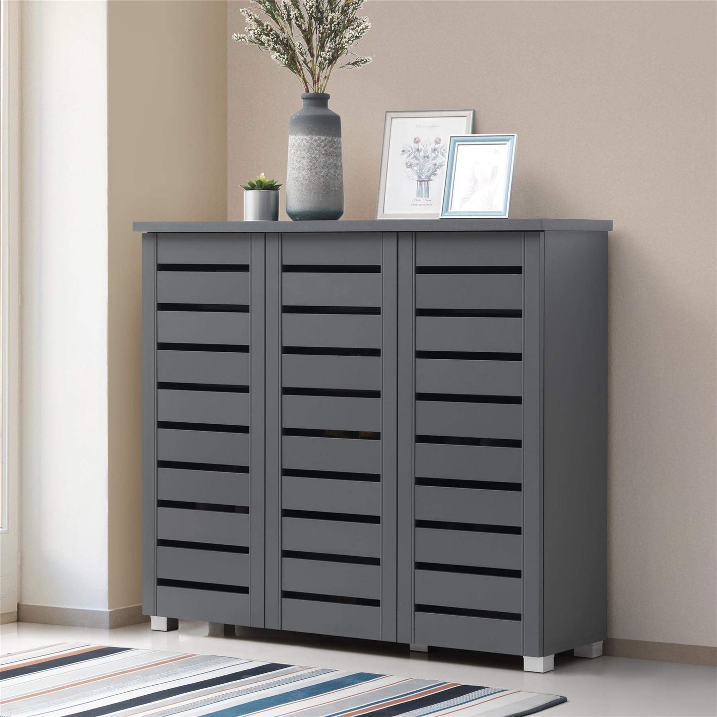 Timber Art Design UK 4 Tier Shoe Cabinet Storage Cupboard Wooden 3 Door Stand Rack Modern Furniture for Bedroom, Living Room, Hallway, Grey