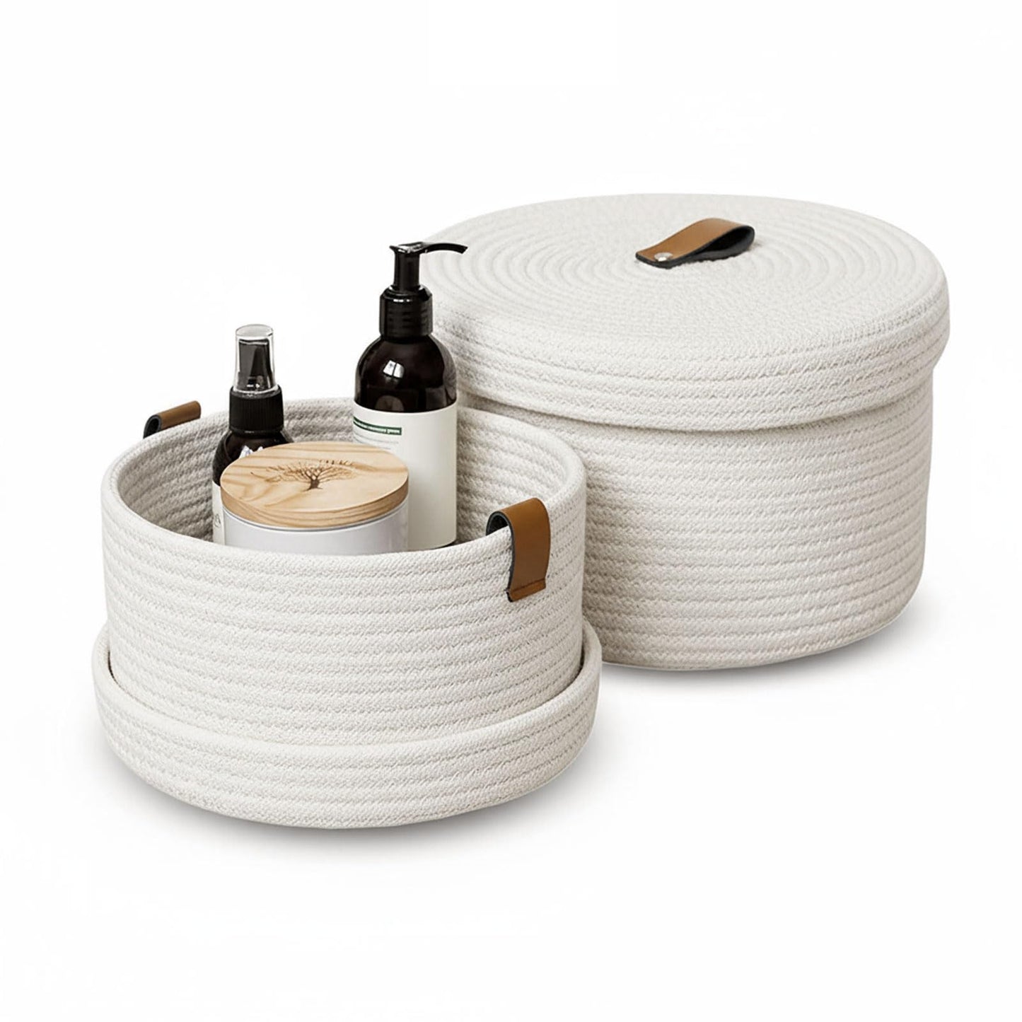 Set of 2 Storage Basket with Lid, Round Cotton Rope Decorative Basket with Leather Handles, Multifunctional Woven Baskets for Shelves, Bedroom