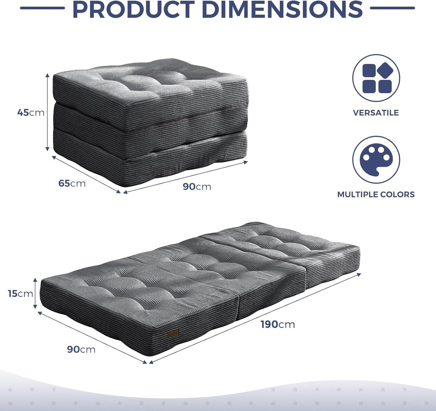MAXYOYO Folding Mattress, Comfy Corduroy Foldable Mattress with 15cm Thicken Foam, Tri-Fold Floor Futon Sofa Bed for Guest,Dark gray,Single