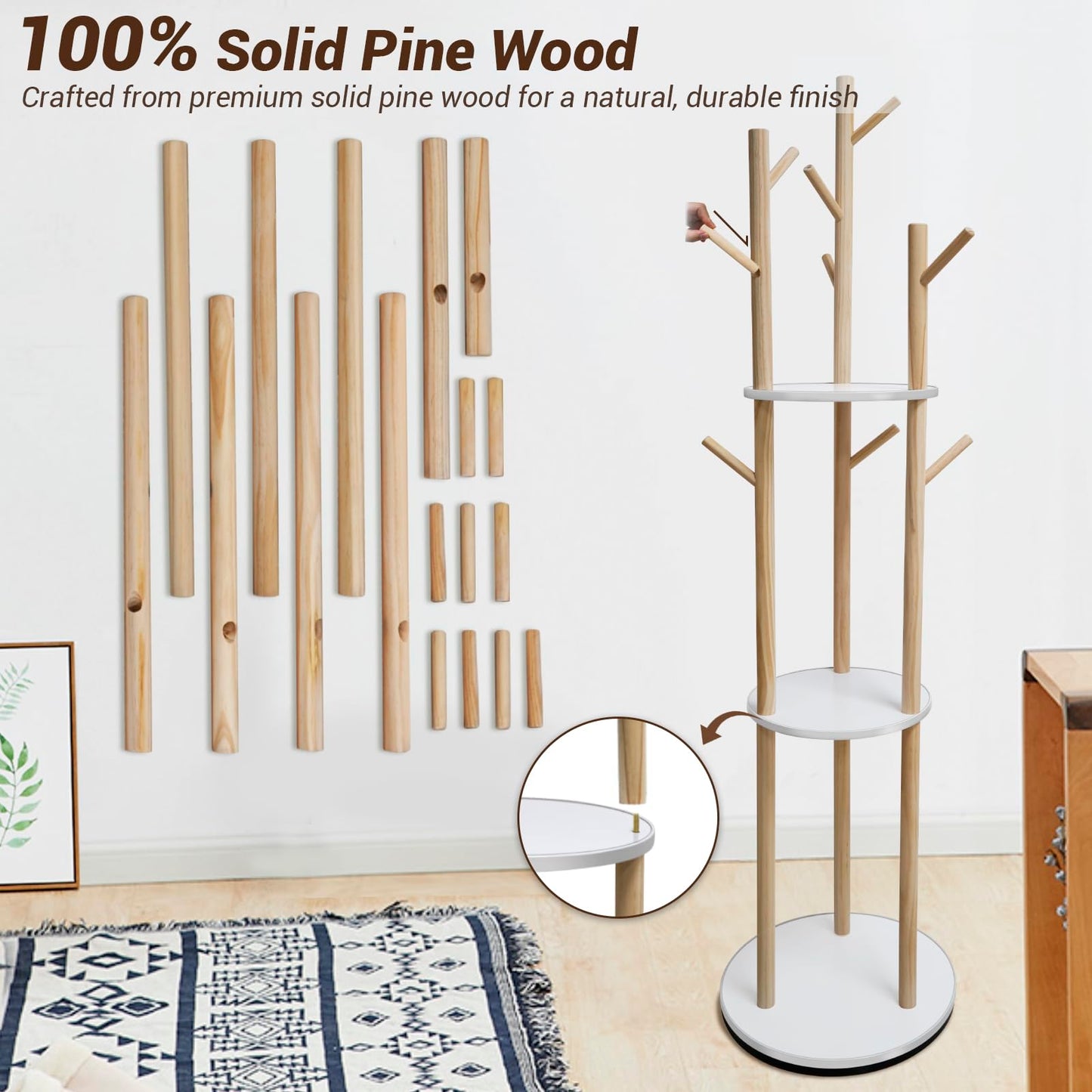 SUNDOY 165CM Rotating Wooden Coat Rack Freestanding with 3 Shelves & 9 Hooks, Hall Tree Stand for Entryway, Bedroom, Hallway & Living Room