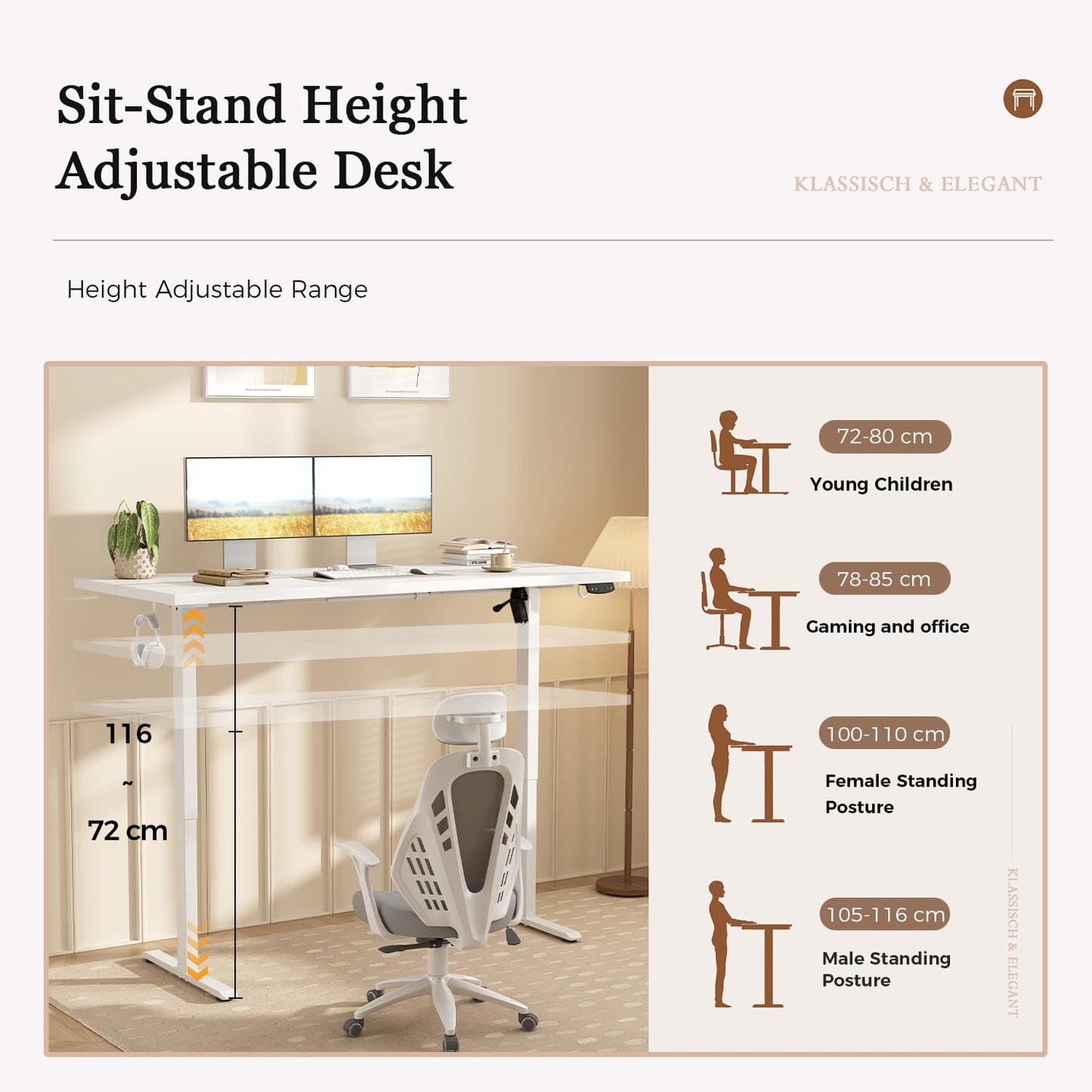 Klicelor Electric Standing Desk, 2 Memory Buttons for stand & sit, 100x60