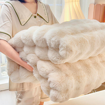 Faux Rabbit Fur Throw Blanket, Luxury Soft Warm Bubble Blanket for Bed, Couch, Sofa, Beige, 152 X 203 CM