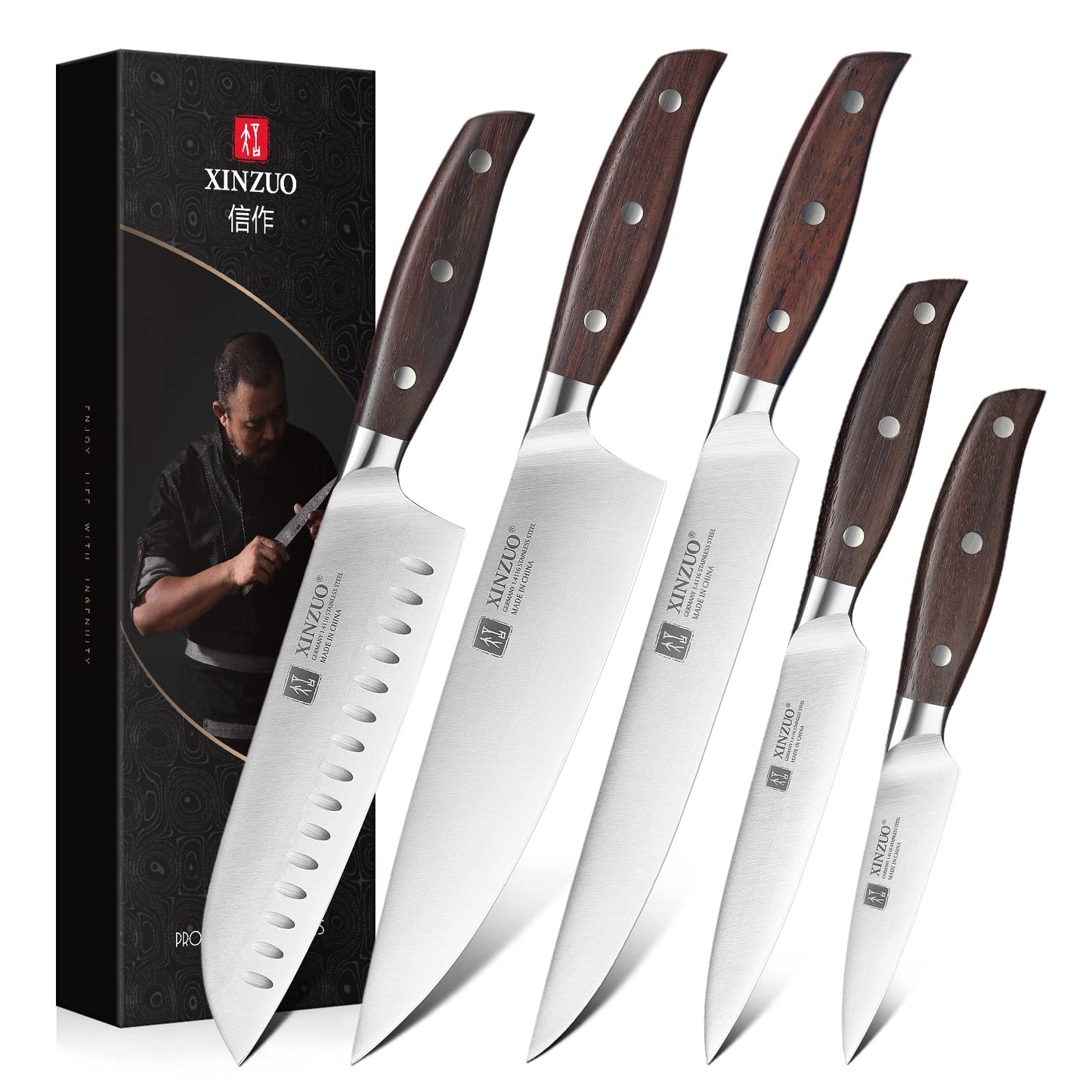 XINZUO Kitchen Knife Set, Professional Chef Knife Set with German Stainless Steel, 5 Pcs Set of Kitchen Knives for Chefs&Home Cooking, Ultra Sharp,