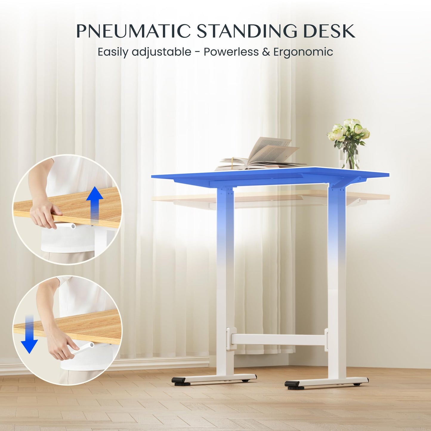 FLEXISPOT Small Standing Desk 80×50cm with Wheels, Pneumatic Height Adjustable Rolling Laptop Table, Mobile Bedside Workstation, Maple