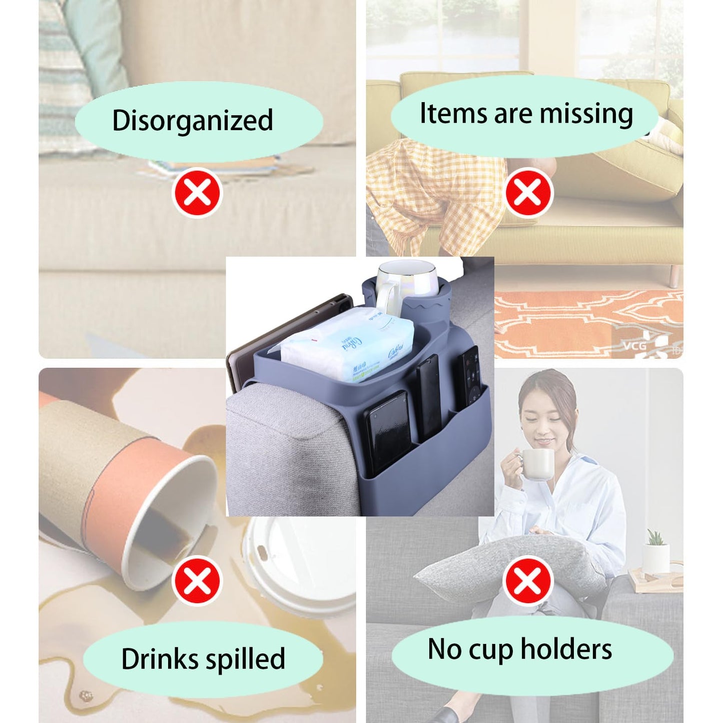 DLBTWDOYLS Silicone Sofa Cup Holder Tray, Non-slip Sofa Armrest Cup Holder with Side Pockets, Multi-functional Sofa Armrest Organiser