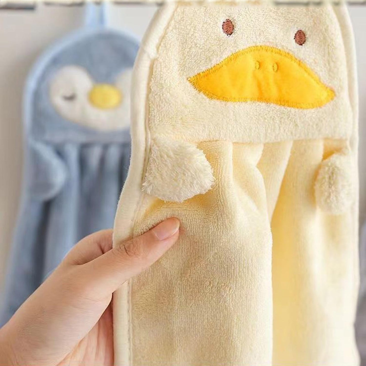 Qinsky Cute Animal Hand Towels, 3Pcs Soft Coral Fleece Microfiber Hand Towels, Super Absorbent, Quick Dry, Blue, Grey, Yellow
