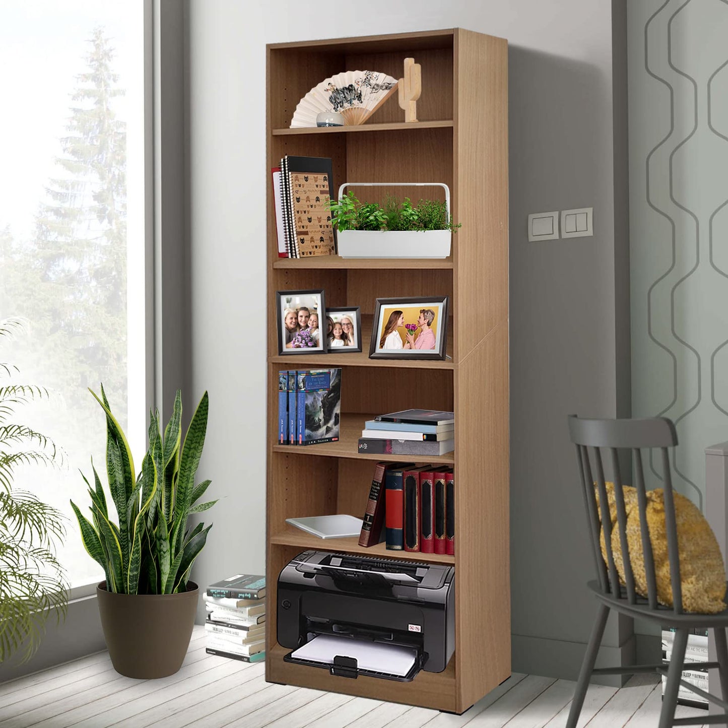 Absolute Deal Beech Tall Bookcase 6 Tier Free Standing Adjustable Shelf