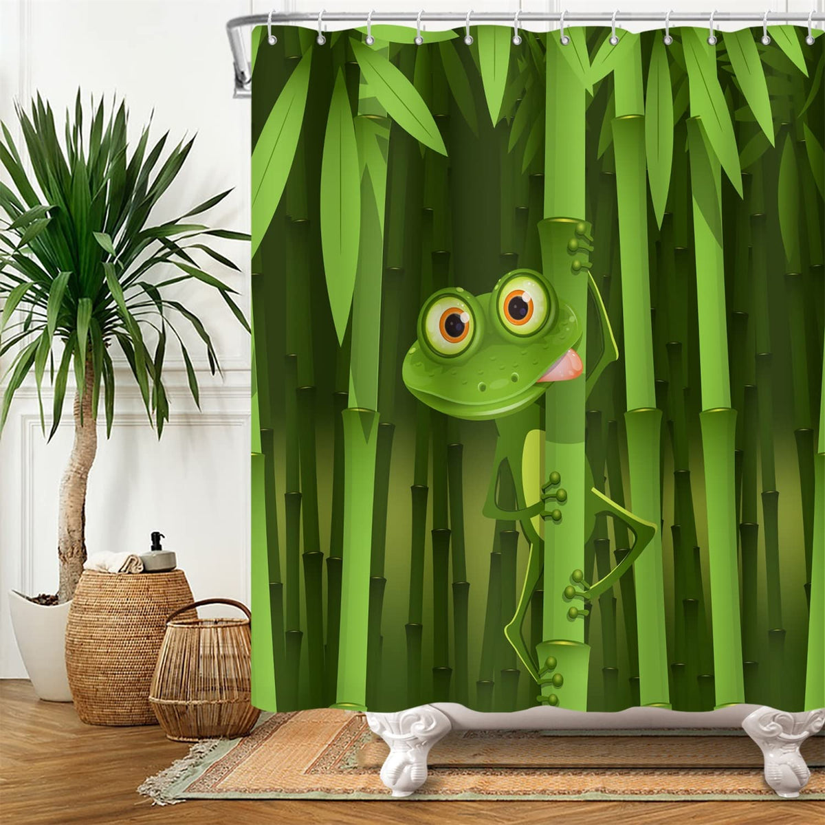 SDOTPMT 122x183cm Cute Frog Shower Curtain Funny Frog Bamboo Cartoon Animal Abstract Tree Leaves Bath Curtain Green Bathtub Curtain for Kids Bathroom