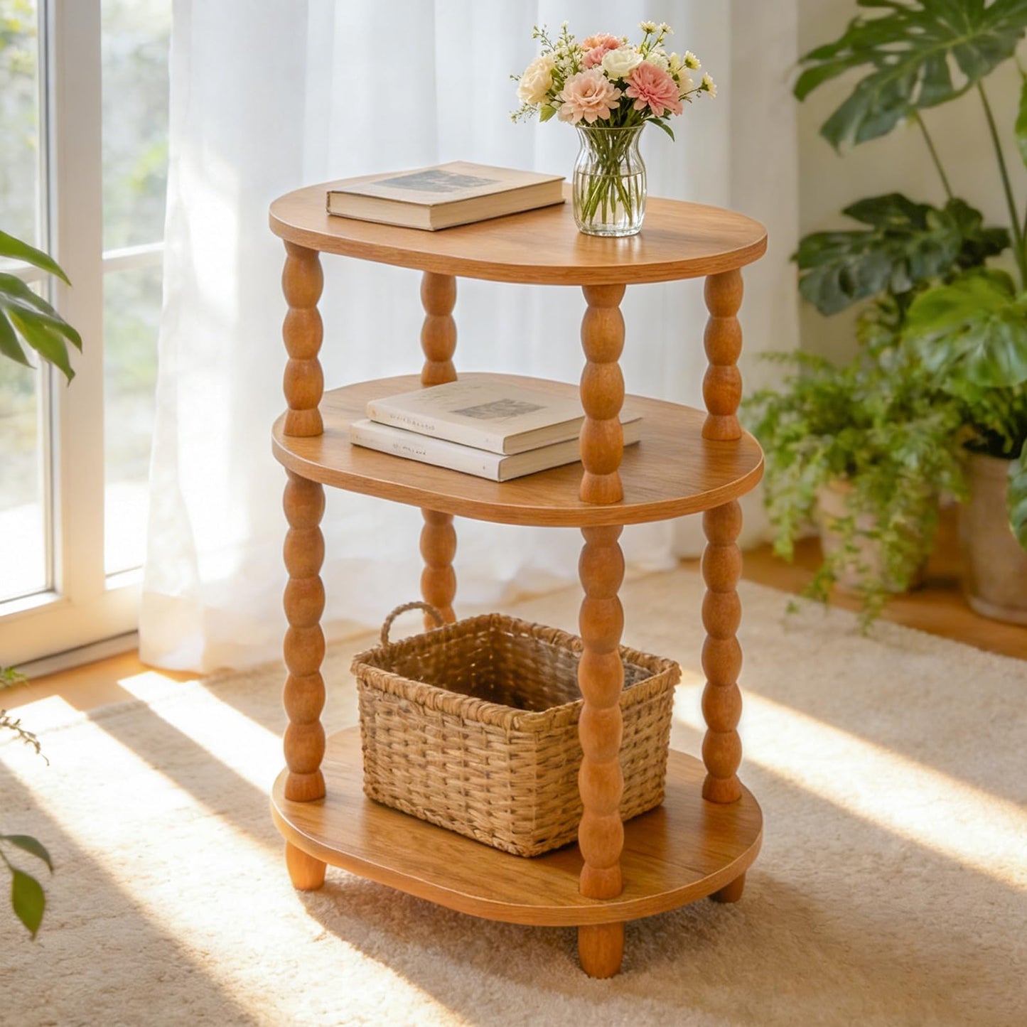 Wooden Side Table,3-Tier Small End Table with Storage Shelf, Vintage Retro furniture Bedside Coffee oval Table Night Stand for Living Room, Bedroom