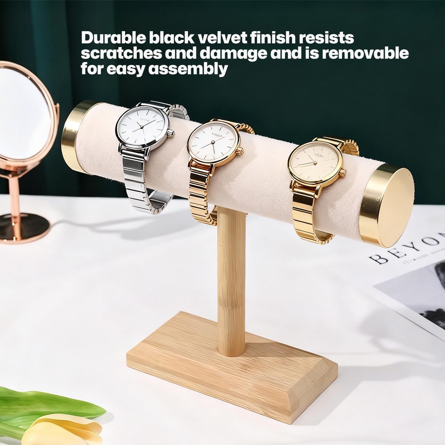 RFYTDCF T-Bar Bracelet Holder Stand, Beige Bracelet Stand Display Organizer Storage for Women Jewelry Accessories Scrunchie Head Ties (Gold Metal Lid)