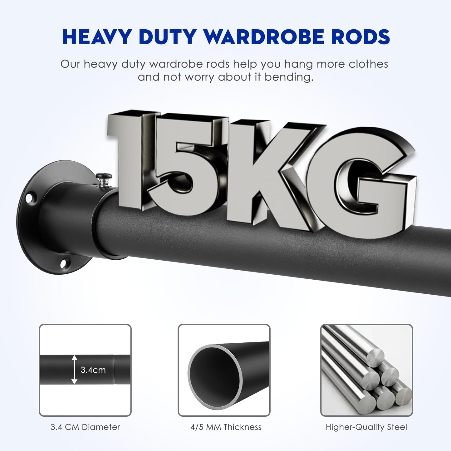 Tiemlet Wardrobe Rods, Black Heavy Duty Extendable Rail, 74-130CM Adjustable Hanging Rail for Wardrobe, Balcony and Clothing Hanging (32MM)