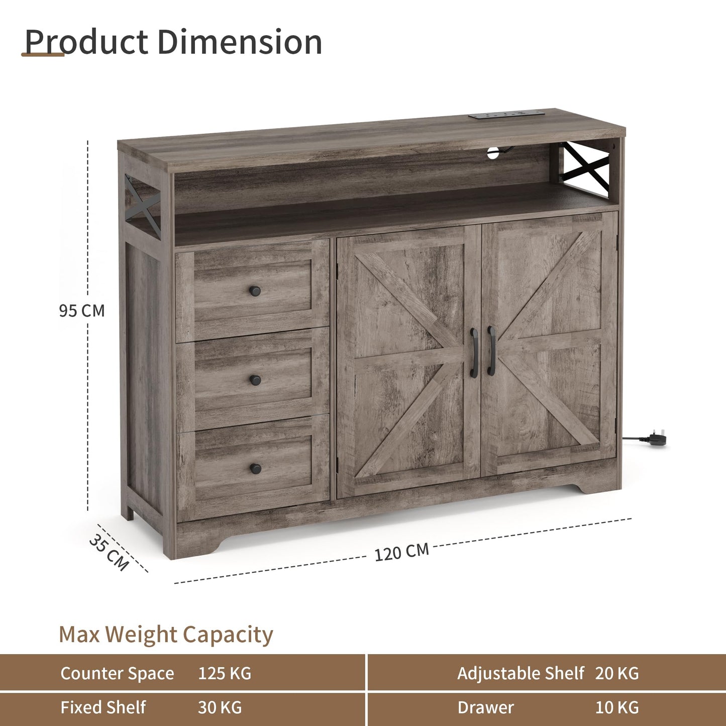 BonVache Sideboard Cabinet,Wooden Sideboard with Adjustable Shelf,3 Drawers and Open Shelf,Storage Cabinet for Living Room,Kitchen Storage Unit for