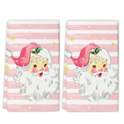 Newhomestyle Xmas Santa Claus Kitchen Dish Towels, 2 PC Winter Christmas Decoration Hand Towels, Snowflake Pink Stripes Tea Towel