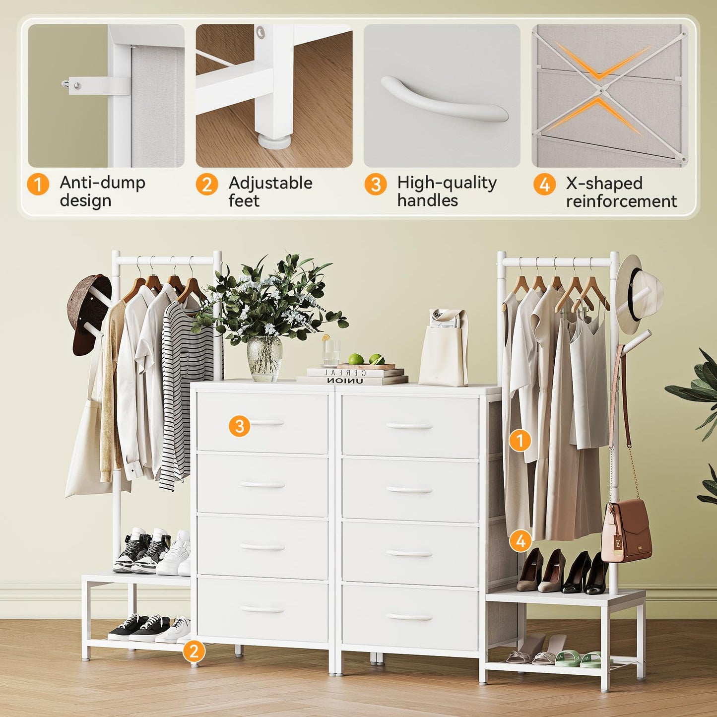 ODK 3 in 1 Chest of Drawers Bedroom, 4 Fabric Drawers, White, 30x75.5x120cm