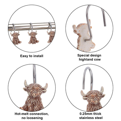 Fukaisu 12pcs Highland Cow Shower Curtain Hooks, Rustic Western Highland Cow Bathroom Shower Curtain Hooks Cute Resin Hangers Suitable for Bathroom