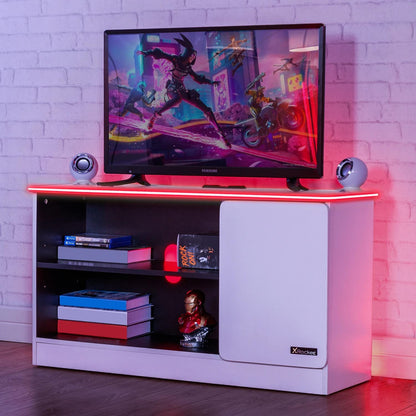 X-Rocker Carbon-Tek 100cm Width, RGB LED TV Stand Media Centre - Neo Fibre Lighting, 2 Open Shelves, 2 Shelf Storage Cupboard