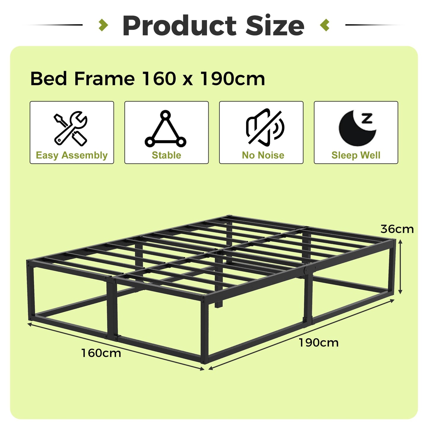 EMODA Metal Bed Frame 160 x 190cm with Steel Slats Support, Black