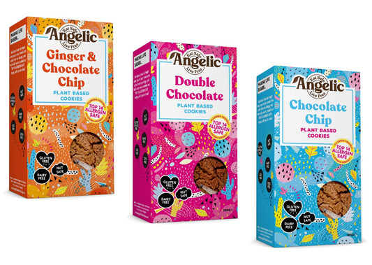 Angelic Free From 3 Mixed Box Vegan & Gluten Free Cookies. 3 Boxes Of Dairy, Nuts, Soya, Egg, Peanut Free Biscuits. Allergy Safe Snacks. Chocolate