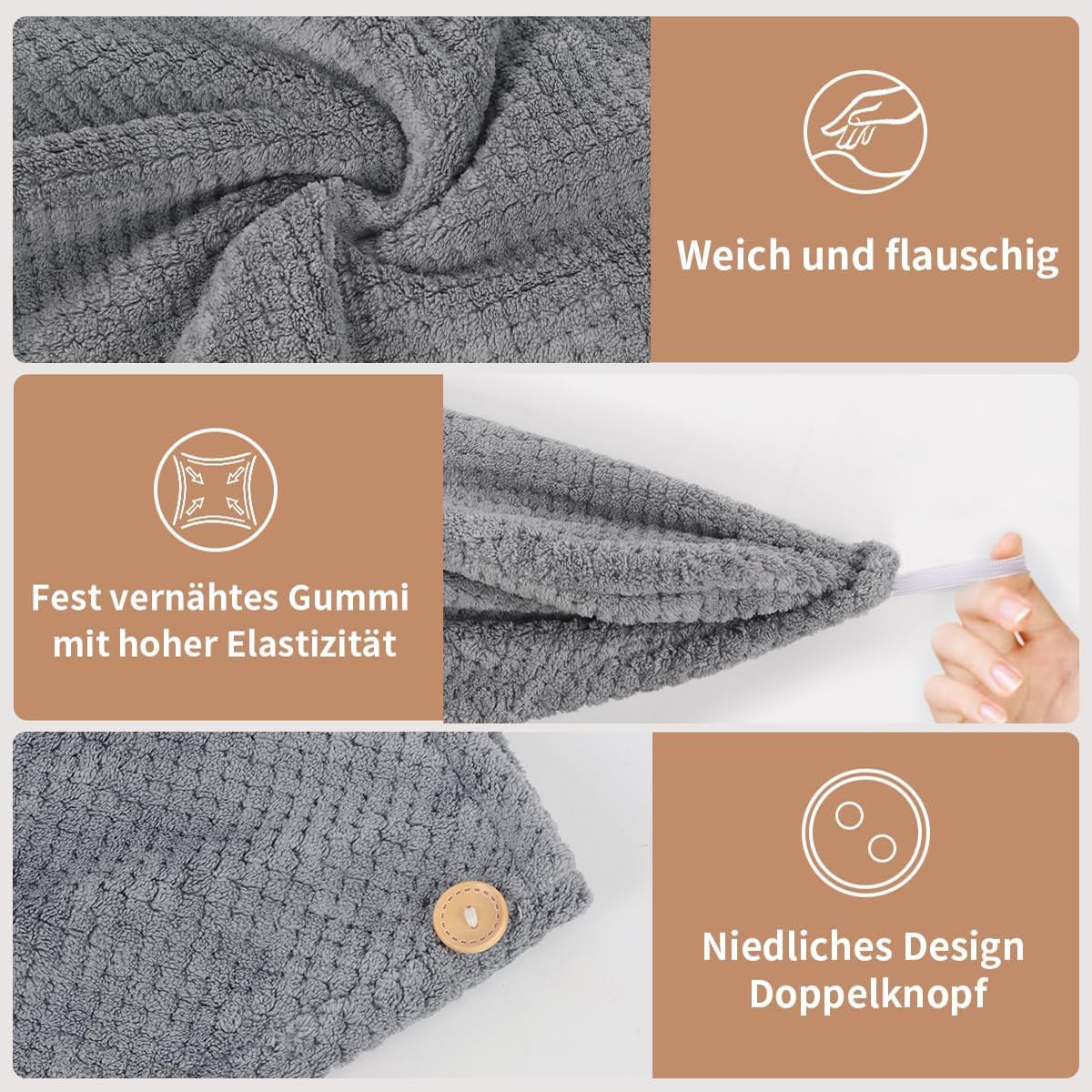 KinHwa Microfibre Hair Towels Wrap Super Absorbent 30x70cm Large Dry Hair Turban for Women Wet Long Thick Hair 2 Pack (Pink+Grey)