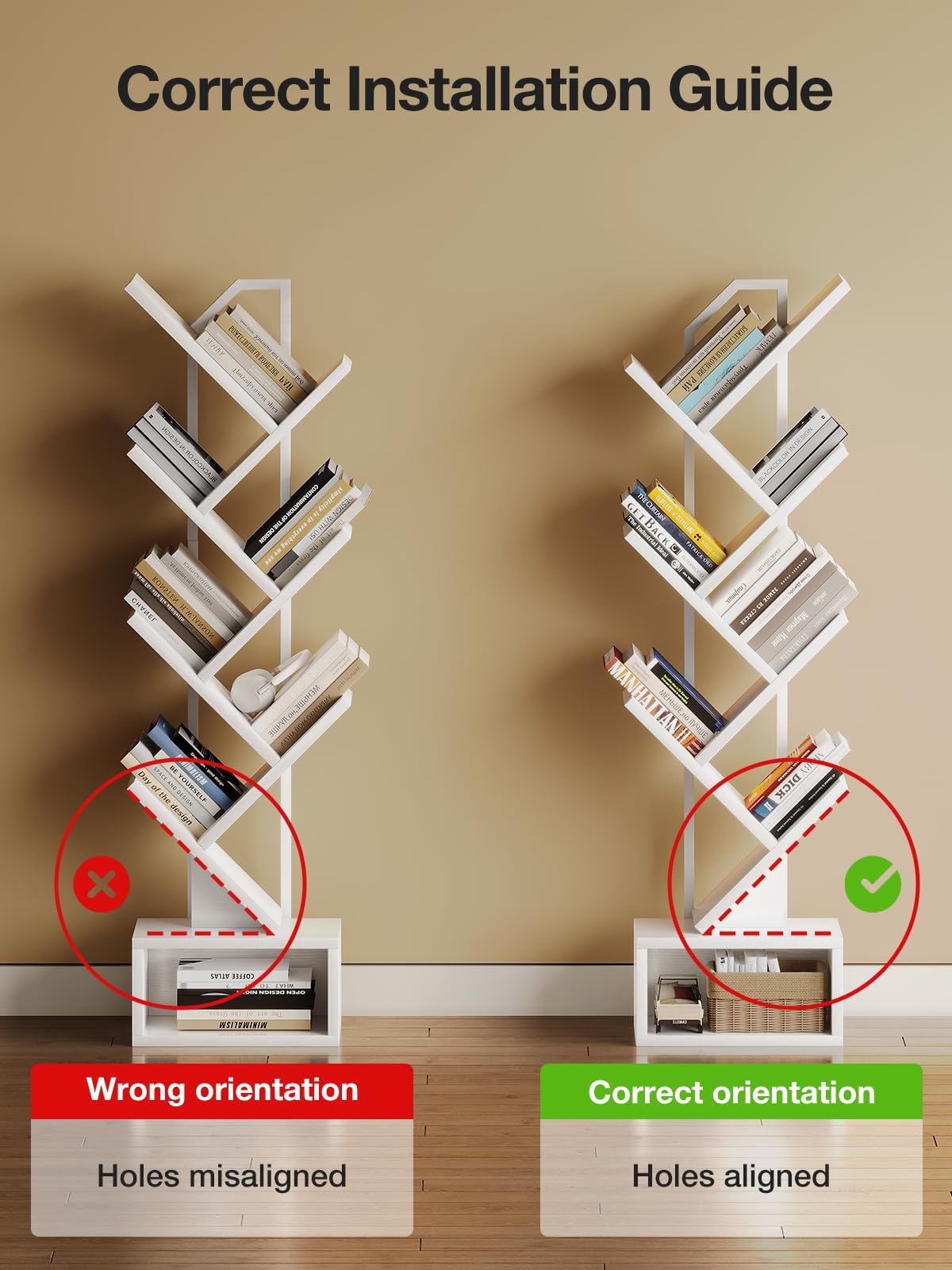 Coleshome 6-Tier Tree Bookcase, Wooden Bookshelf, 110.5cm, White